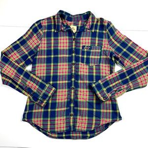 Hollister Hi-Lo Plaid Long Sleeve Button Down Top LG